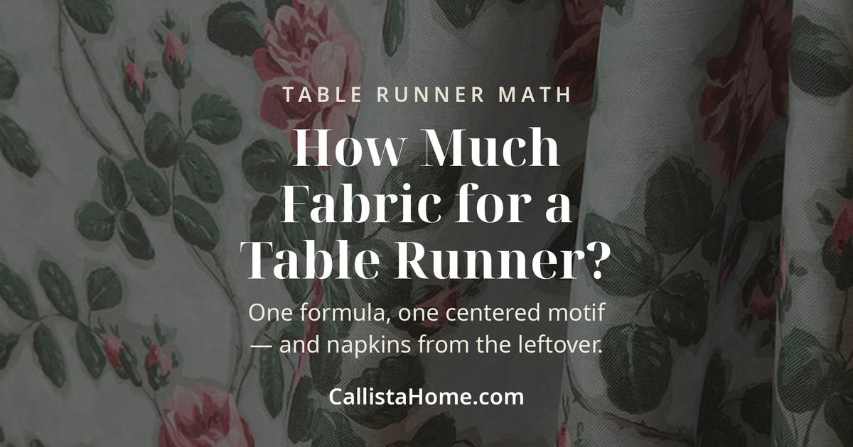 Roses Pompadour 75B blue floral linen fabric table runner yardage guide — how much fabric for a 72-inch dining table, the repeat that centers the motif, and napkins from the leftover width