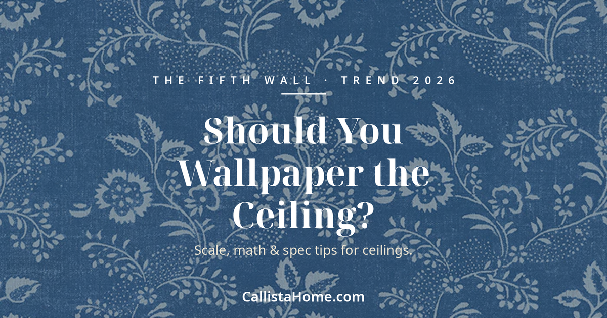 Menuet 97B heritage floral wallpaper panel on deep toile-blue - the Callista Home Journal guide to wallpapered ceilings: the 2026 fifth-wall trend, scale rules and panel math for designers.