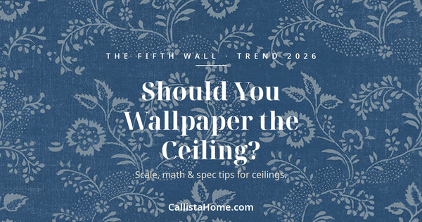 Menuet 97B heritage floral wallpaper panel on deep toile-blue - the Callista Home Journal guide to wallpapered ceilings: the 2026 fifth-wall trend, scale rules and panel math for designers.