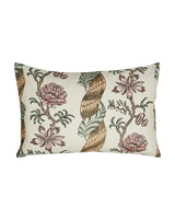 A rectangular decorative throw pillow featuring a vintage botanical pattern with pink flowers, green leaves, and a central gold ribbon motif on an off-white background. Callista Home