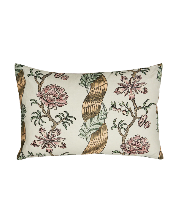 A rectangular decorative throw pillow featuring a vintage botanical pattern with pink flowers, green leaves, and a central gold ribbon motif on an off-white background. Callista Home