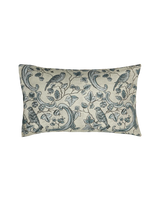 A rectangular lumbar throw pillow featuring a classic toile de Jouy pattern with blue birds, leaves, and scrollwork on a warm cream background. Callista Home 