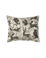 A square decorative throw pillow featuring a black and cream woodland animal and floral pattern, shown against a plain white background. Callista Home