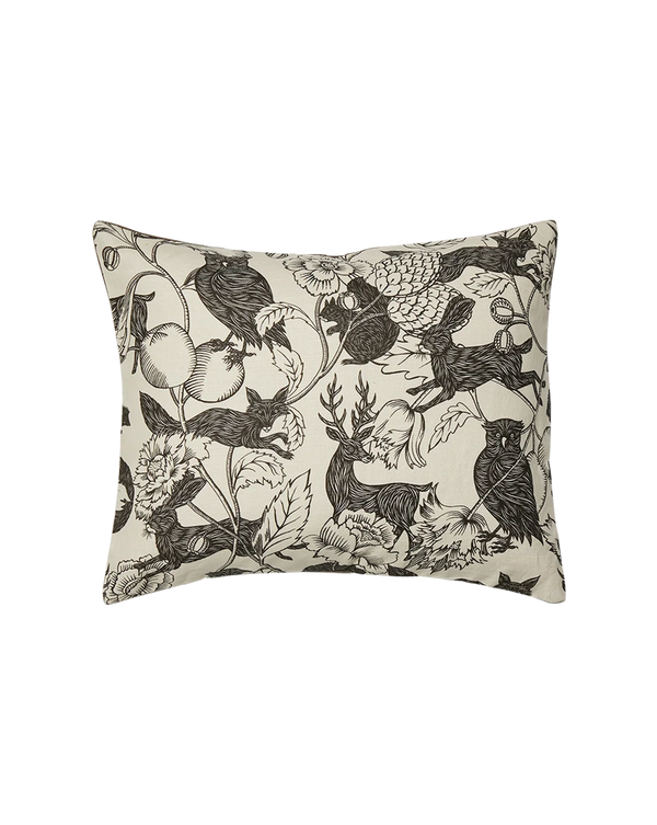 A square decorative throw pillow featuring a black and cream woodland animal and floral pattern, shown against a plain white background. Callista Home