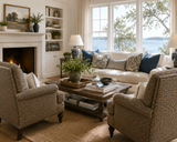 A bright, traditional living room featuring a cream sectional sofa with blue and patterned throw pillows, two woven beige armchairs, a dark wood coffee table, and a white fireplace with built-in shelving. Large windows look out onto a body of water. Callista Home