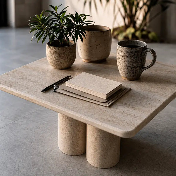 A square stone coffee table with chunky cylindrical legs in a minimalist room. On the table are stacked beige notebooks, a black pen, a small potted green plant, a speckled beige planter, and a speckled ceramic mug. Callista Home