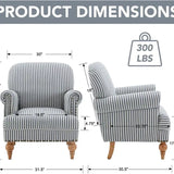 Product dimensions diagram for a striped armchair, showing front and side views with measurements in inches and a weight icon indicating 300 LBS. Blue striped coastal accent chair with rolled arms, nailhead trim, and solid wood legs Callista Home