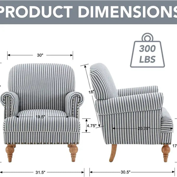 Product dimensions diagram for a striped armchair, showing front and side views with measurements in inches and a weight icon indicating 300 LBS. Blue striped coastal accent chair with rolled arms, nailhead trim, and solid wood legs Callista Home