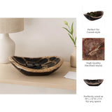 Decorative petrified wood bowl on a shelf with product details. Callista Home