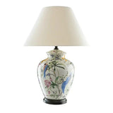 Hand-Painted Coral Flower Bird Ceramic Table Lamp – Green Crackle Glaze with Black Shade