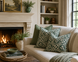 A cozy living room scene featuring a beige sofa with three decorative throw pillows in sage green and dark green with a geometric floral pattern. A lit fireplace with a wood mantel, shelves in the background, and a coffee table with a tray are visible. Callista home