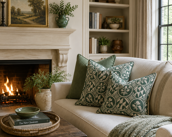 A cozy living room scene featuring a beige sofa with three decorative throw pillows in sage green and dark green with a geometric floral pattern. A lit fireplace with a wood mantel, shelves in the background, and a coffee table with a tray are visible. Callista home