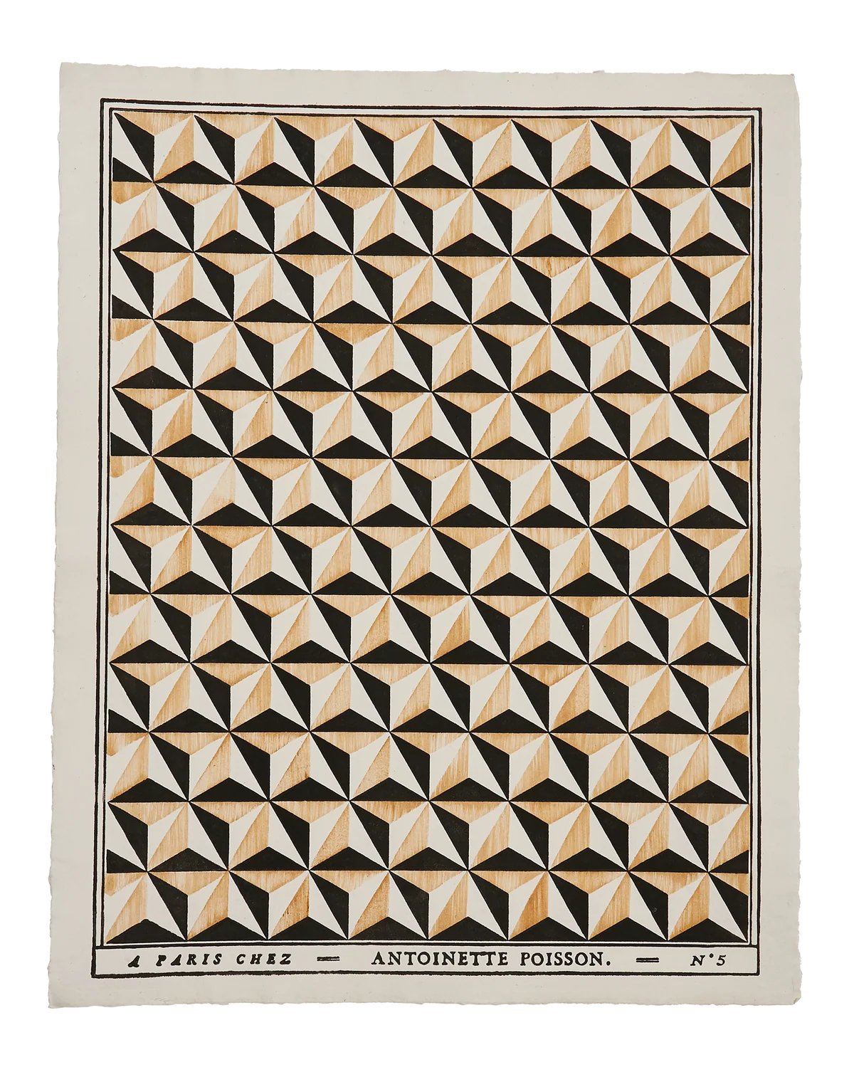 A square textile or art print with a repeating 3D geometric cube pattern in black, beige, and off-white, bordered by a cream margin with printed text at the bottom reading 'A PARIS CHANEL - ANTOINETTE POISSON - N°3'. Callista Home
