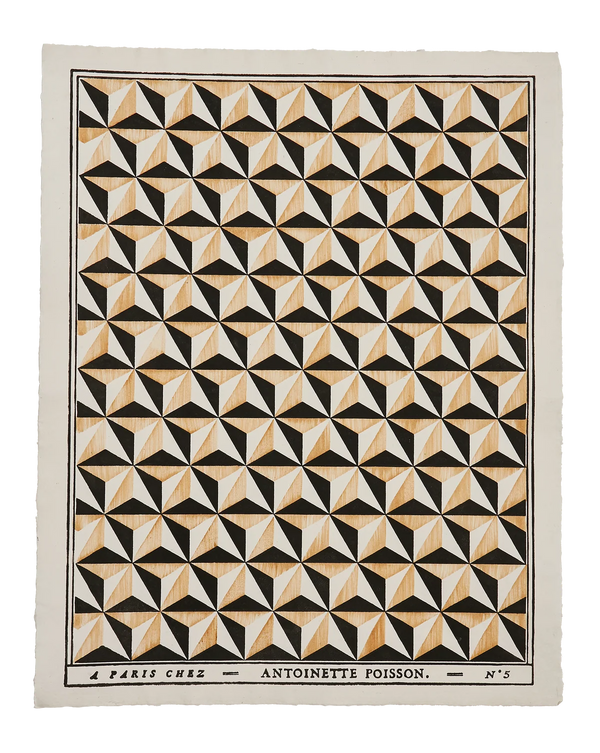 A square textile or art print with a repeating 3D geometric cube pattern in black, beige, and off-white, bordered by a cream margin with printed text at the bottom reading 'A PARIS CHANEL - ANTOINETTE POISSON - N°3'. Callista Home