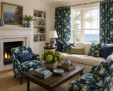 A beautifully styled coastal-themed living room featuring a cream sectional sofa and two matching floral armchairs in blue and cream with navy blue accent pillows. The room is decorated with a dark wood coffee table, a white fireplace, built-in white shelves, and a large window with blue floral curtains overlooking the ocean. Callista Home