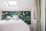 Bedroom with floral headboard and white curtains Joli Bois 61 woodland botanical French wallpaper Callista Home