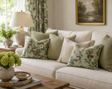 A styled living room scene featuring a cream sofa adorned with multiple throw pillows, including two sage green floral patterned pillows and two solid sage green pillows. A wooden coffee table with a vase of green hydrangeas sits in the foreground, and a window with floral curtains is visible in the background. Callista Home