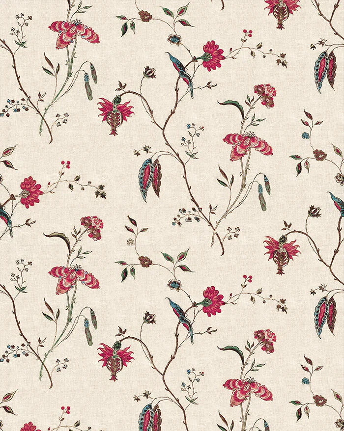 A repeating botanical pattern on a warm cream background, featuring pink flowers, green leaves, and small blue-green birds. Coromandel 85A French linen cotton botanical fabric by Antoinette Poisson Callista Home