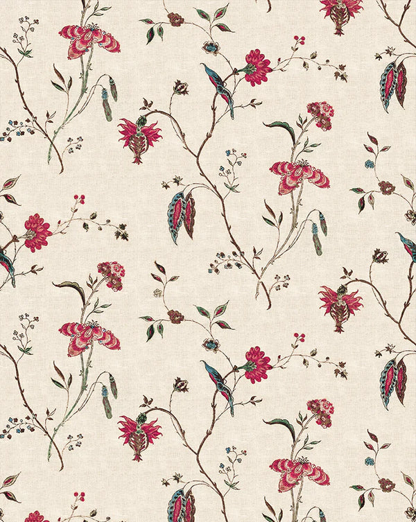 A repeating botanical pattern on a warm cream background, featuring pink flowers, green leaves, and small blue-green birds. Coromandel 85A French linen cotton botanical fabric by Antoinette Poisson Callista Home