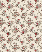A repeating floral pattern on a warm cream background, featuring red flowers, muted blue leaves, and brown branches woven into a trellis-like design. Odile 86A French linen cotton decorative fabric by Antoinette Poisson Callista Home