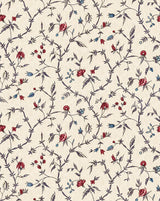 A repeating floral pattern fabric on a warm cream background, featuring delicate dark gray vines with small red and blue blossoms and leaves. Callista Home