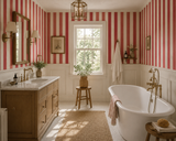 A beautifully styled bathroom featuring bold red and white vertical striped wallpaper, a wooden double-sink vanity with a white marble countertop, a white freestanding clawfoot bathtub with brass fixtures, and a natural jute rug on a white tile floor.