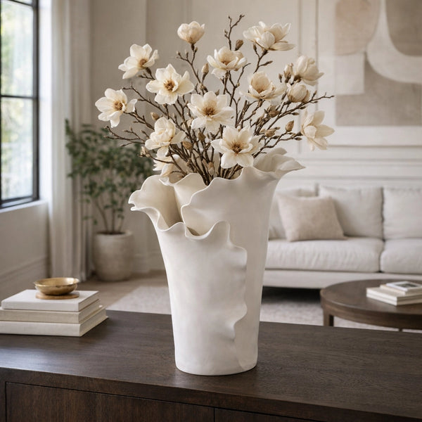 White ceramic vase with floral arrangement on a wooden table in a living room. Callista Home