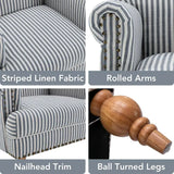 Collage of a striped linen armchair with features highlighted. Blue striped coastal accent chair with rolled arms, nailhead trim, and solid wood legs Callista Home