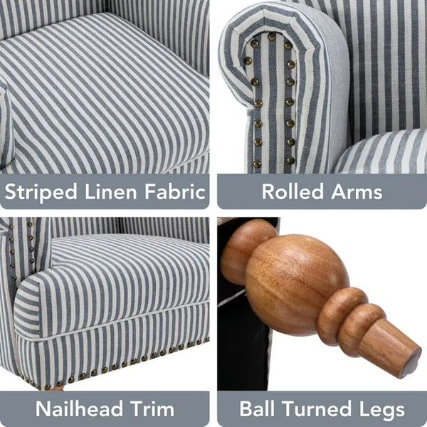 Collage of a striped linen armchair with features highlighted. Blue striped coastal accent chair with rolled arms, nailhead trim, and solid wood legs Callista Home