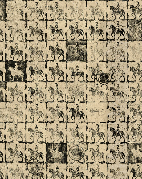 Cavaliers Wallpaper Panel 91A by Antoinette Poisson featuring a repeating horseman pattern inspired by traditional Spanish and Portuguese azulejos.