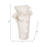 An off-white ceramic ruffled flower vase shown with dimension lines indicating a height of 15 inches, width of 11 inches, and depth of 10 inches on a white background. Callista Home