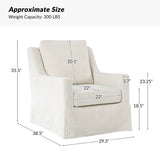 Beige armchair with dimensions and weight capacity label on a white background