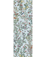 A narrow vertical panel showing a dense botanical and bird pattern on a pale blue background, with green leaves, pink and yellow flowers, and small birds and butterflies. Callista Home