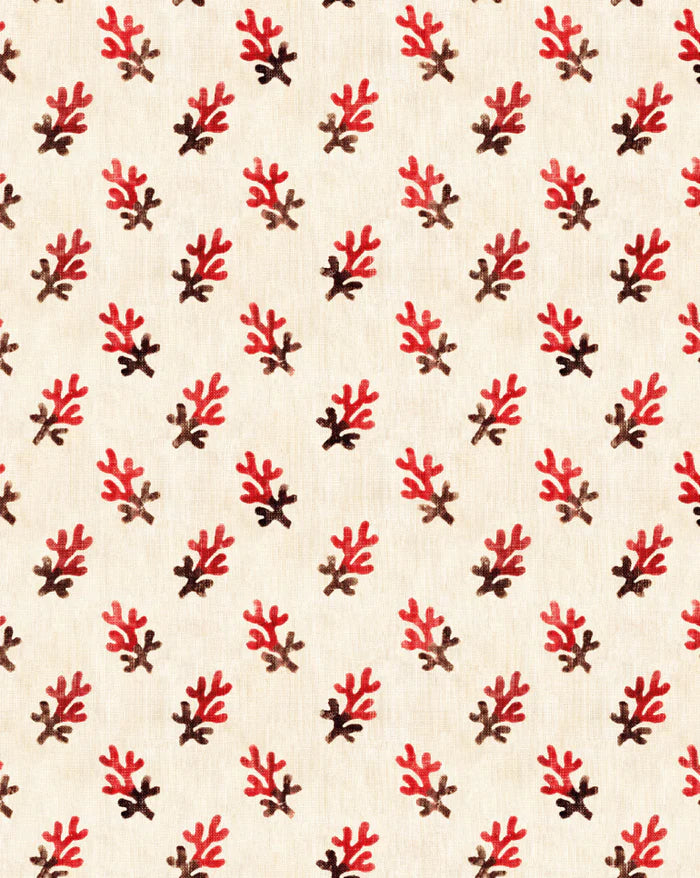 A repeating pattern of coral-like motifs in red and dark brown on a warm off-white background. Corail 90A French linen cotton decorative fabric  Callista Home