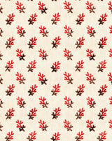A repeating pattern of coral-like motifs in red and dark brown on a warm off-white background. Corail 90A French linen cotton decorative fabric  Callista Home
