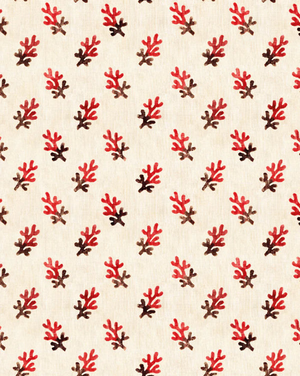 A repeating pattern of coral-like motifs in red and dark brown on a warm off-white background. Corail 90A French linen cotton decorative fabric  Callista Home