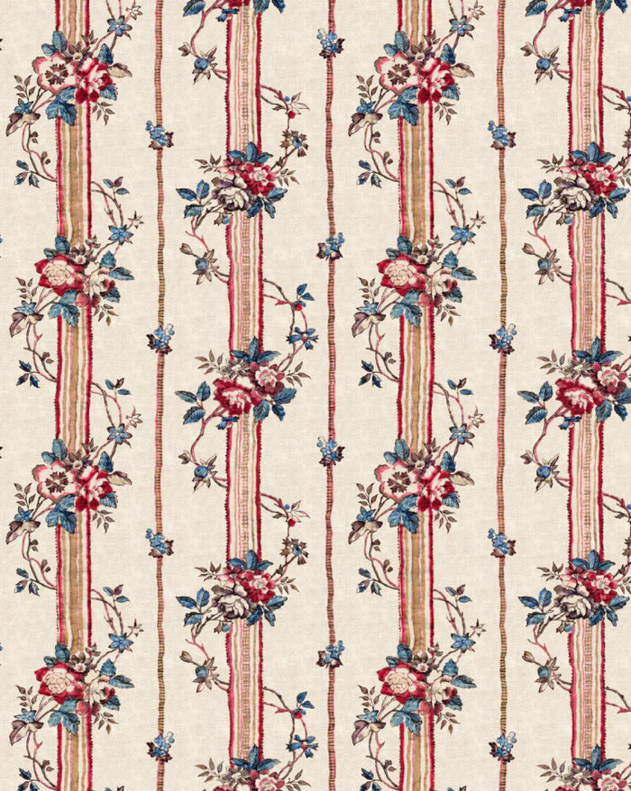 A repeating floral pattern wallpaper or fabric design with vertical cream stripes, red and blue flowers, and small blue leaves on a light beige background. Callista Home