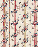 A repeating floral pattern wallpaper or fabric design with vertical cream stripes, red and blue flowers, and small blue leaves on a light beige background. Callista Home
