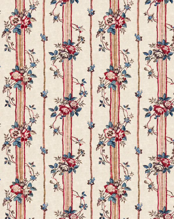 A repeating floral pattern wallpaper or fabric design with vertical cream stripes, red and blue flowers, and small blue leaves on a light beige background. Callista Home