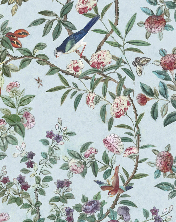 A botanical pattern wallpaper featuring green leaves, pink and red flowers, birds, butterflies, and ladybugs on a pale blue background. Callista Home