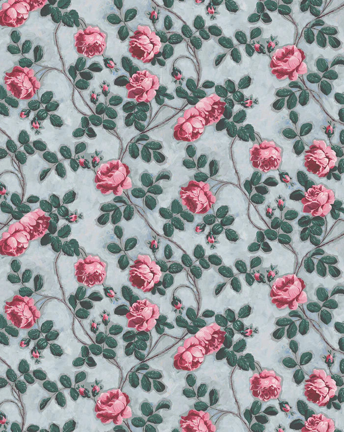 Floral pattern with pink roses and green leaves on a light blue background