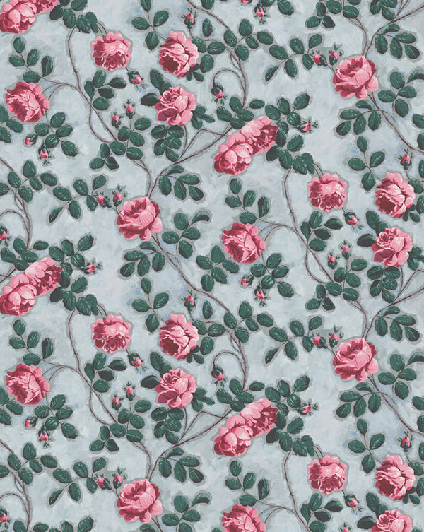 Floral pattern with pink roses and green leaves on a light blue background
