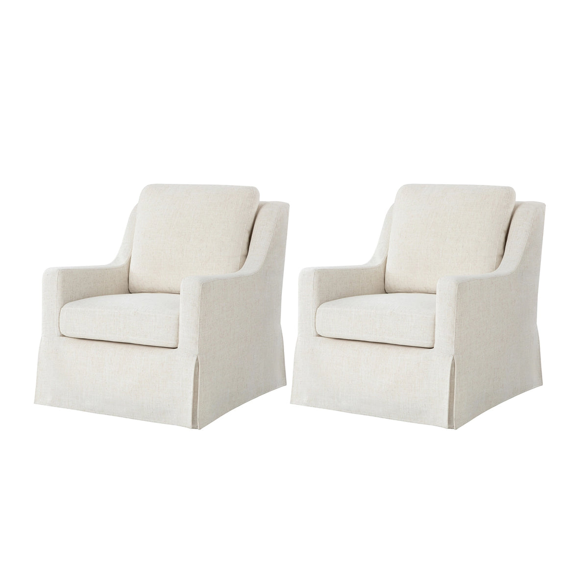 Two matching slipcovered armchairs in a light cream or off-white fabric, shown side by side on a plain white background.