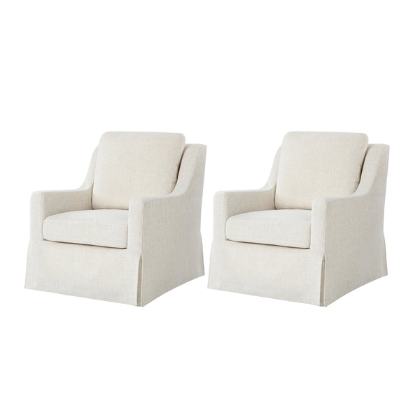 Two matching slipcovered armchairs in a light cream or off-white fabric, shown side by side on a plain white background.