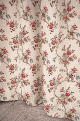 Floral patterned curtain with red flowers and green leaves on a beige background, Odile 86A French linen cotton decorative fabric by Antoinette Poisson Callista Home