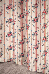 Floral and striped curtain with red, blue, and pink colors on a neutral background. Callista Home, Rayures Provençales pink striped French linen cotton fabric 