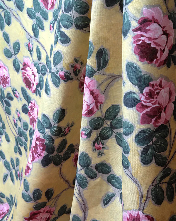 Roses Pompadour 75C yellow floral French linen fabric by Antoinette Poisson Callista Home