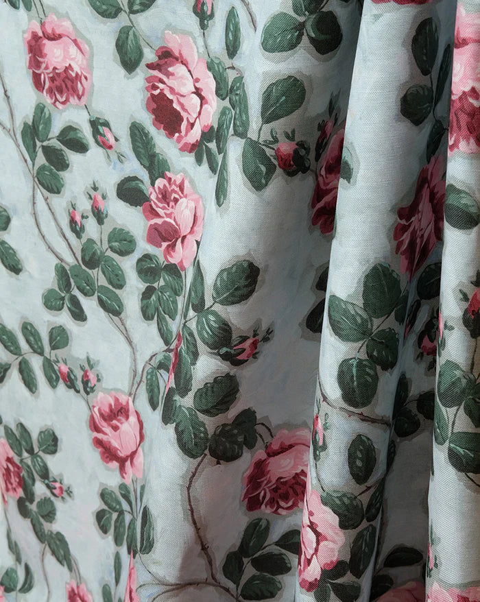 Roses Pompadour 75B blue floral French linen fabric by Antoinette Poisson Callista Home