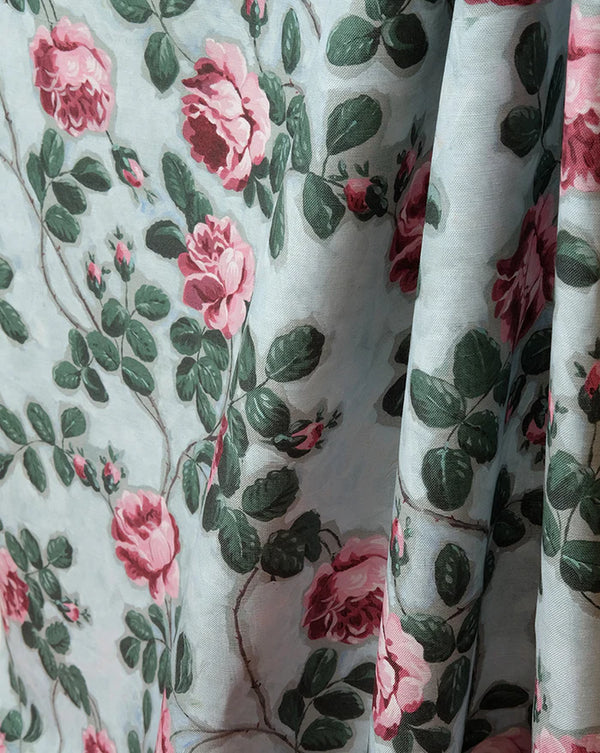 Roses Pompadour 75B blue floral French linen fabric by Antoinette Poisson Callista Home