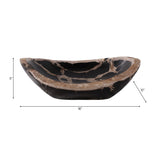 Decorative bowl with black and brown marbled pattern, shown with measurements on a white background. Callista Home